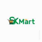 A colorful supermarket logo design featuring a shopping cart overflowing with fresh fruits and vegetables, symbolizing abundance, variety, and a commitment to quality groceries.
